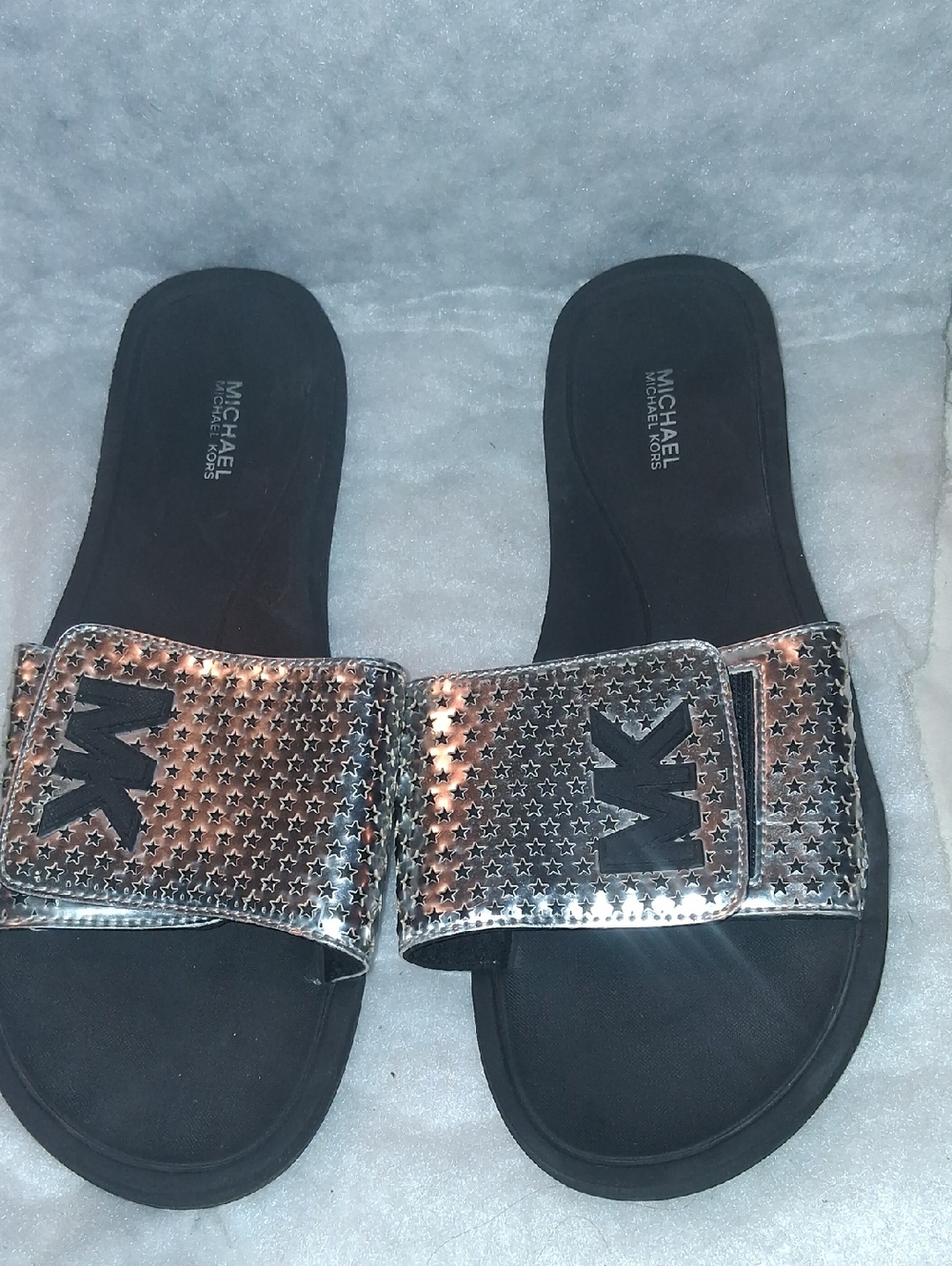 Michael Kors Silver Star-Textured Slide Sandals with Black Footbed